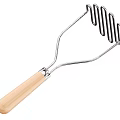 Durable Manual Kitchen Masher Tool With Wooden Handle And Stainless Steel Tines For Food Preparation