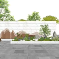 Modern Stone Landscape Wall with Laser-Cut Mountain Pattern and Greenery in Paved Plaza