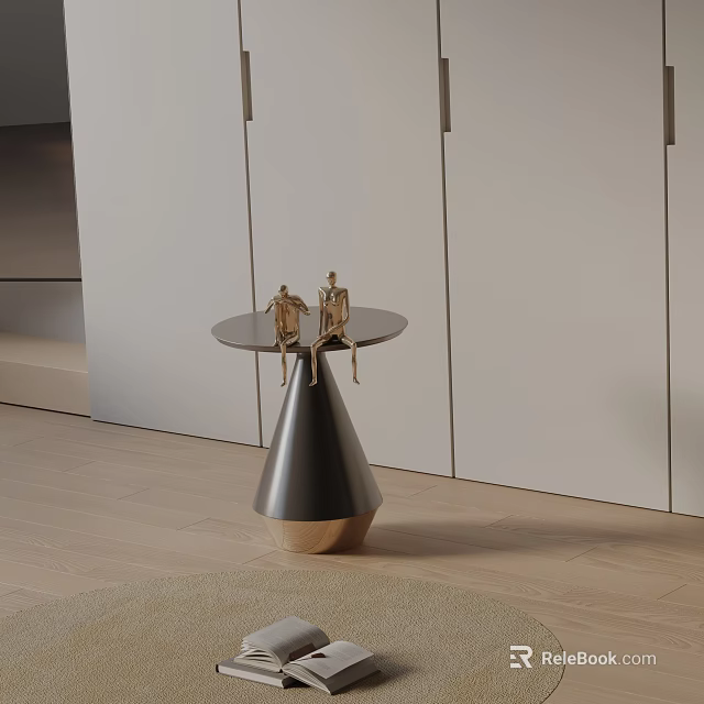 Modern Metallic Side Table With Conical Base And Two Small Figurines Near White Cabinets 3d model 