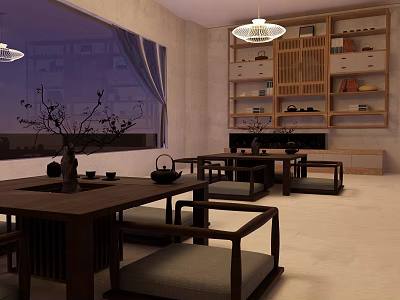 Japanese Style Interior With Wooden Tea Tables Chairs Bookshelves And Hanging Lamps 3d model