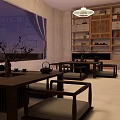 Japanese Style Interior With Wooden Tea Tables Chairs Bookshelves And Hanging Lamps