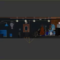 Blue Underground Interior Scene Featuring Wooden Tables Chairs Blue Stools Red Carpet And Diamond Tiles