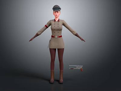 Game Film Character In Beige Uniform With Hat Red Armband Brown Boots And Handgun 3d model
