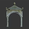 Ornate Stone Pavilion With Blue Tile Roof Decorative Finials Arched Design And Columns