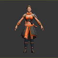 3D Female Character Model With Orange Gray Outfit Scarf Shoulder Pads Belt Boots