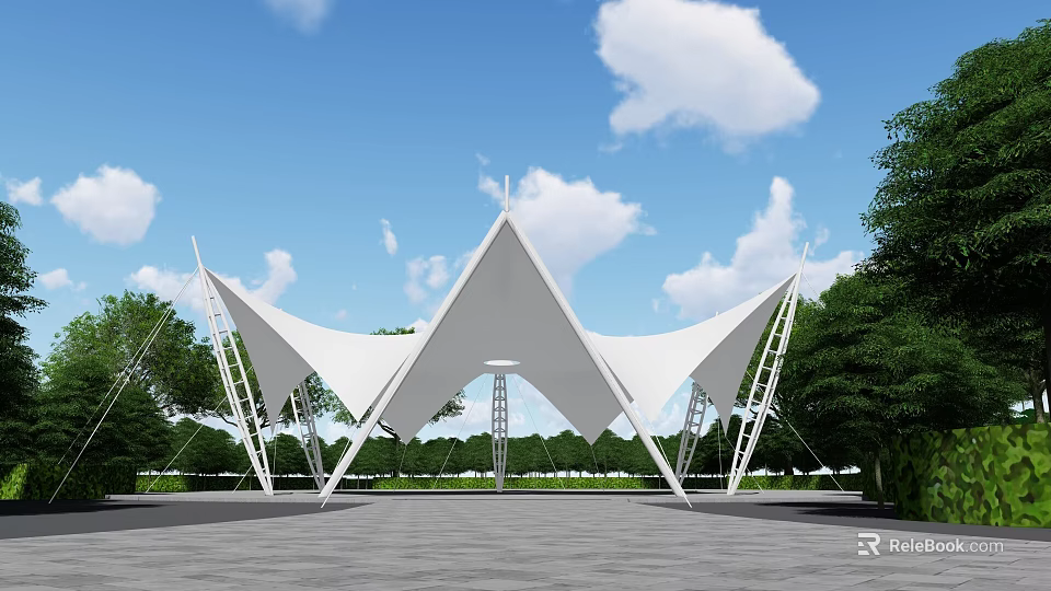 Outdoor Tensile Membrane Structure With Triangular Canopies Green Trees And Blue Sky 3d model 