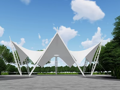 Outdoor Tensile Membrane Structure With Triangular Canopies Green Trees And Blue Sky 3d model