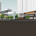 Modern Commercial Street Featuring Multi Story Glass Buildings Street Cars And Greenery