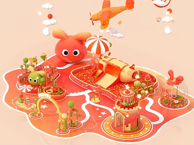 Cheerful Cartoon Playground With Red Character Slide Castle Small Plants Airplane And Clouds 3d model