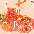 Cheerful Cartoon Playground With Red Character Slide Castle Small Plants Airplane And Clouds