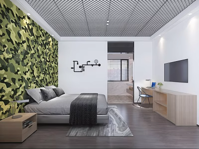 Modern Bedroom With Camouflage Wall Bed Nightstand TV Desk Chair And Wooden Floor 3d model
