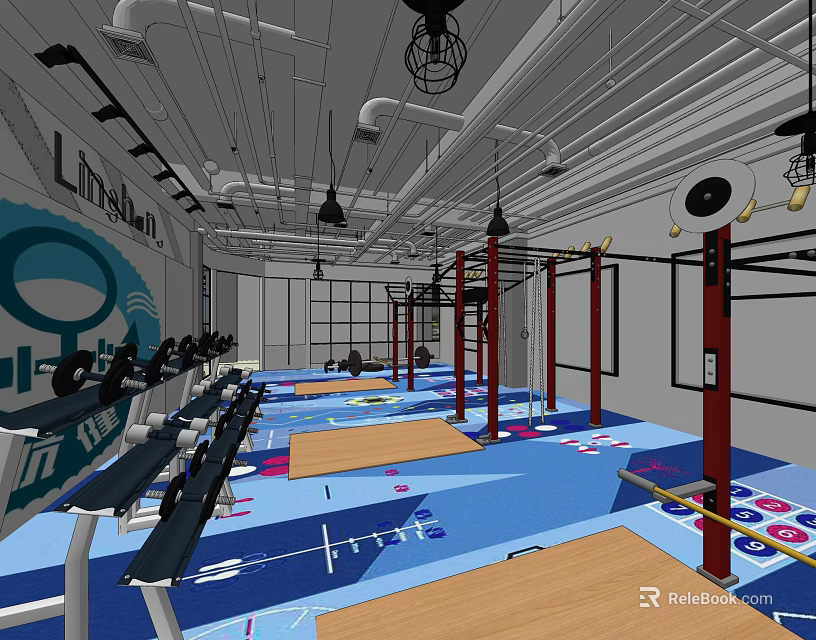 Modern Fitness Gym Interior With Rowing Machines Pull Up Bars And Blue Wooden Flooring 3d model 