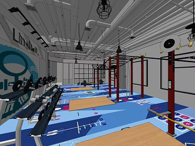 Modern Fitness Gym Interior With Rowing Machines Pull Up Bars And Blue Wooden Flooring 3d model
