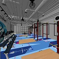 Modern Fitness Gym Interior With Rowing Machines Pull Up Bars And Blue Wooden Flooring