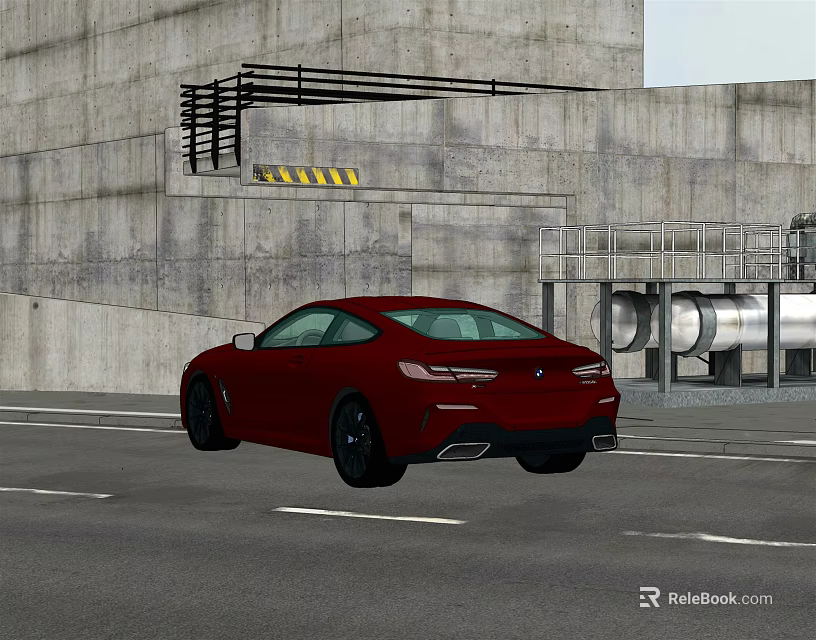 Red Sports Coupe Driving On Road With Industrial Concrete Building And Pipes 3d model 