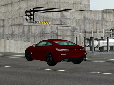 Red Sports Coupe Driving On Road With Industrial Concrete Building And Pipes 3d model