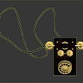 Vintage Household Telephone With Retro Design Gold Accents Rotary Dial Black Body And Telephone Line