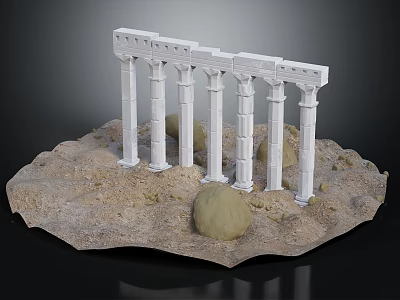 Detailed White Roman Columns Model Display On Sandy Base With Rocks 3d model