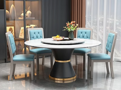 Elegant Modern Dining Table Set With Round Marble Top Black Base And Blue Tufted Chairs 3d model