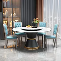Elegant Modern Dining Table Set With Round Marble Top Black Base And Blue Tufted Chairs