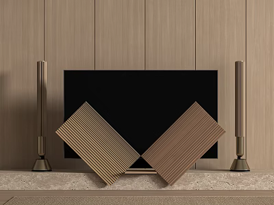 Elegant Modern TV with Wooden Wall Golden Column Speakers and Crossed Wooden Panels 3d model