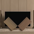 Elegant Modern TV with Wooden Wall Golden Column Speakers and Crossed Wooden Panels