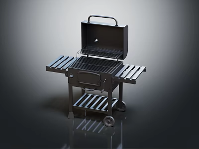 Black Portable Grill With Open Lid Side Shelves And Rolling Wheels 3d model