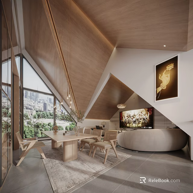 Modern Wooden Pitched Roof Interior With Large Windows City View Dining Table And Round Sofa 3d model 