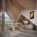 Modern Wooden Pitched Roof Interior With Large Windows City View Dining Table And Round Sofa