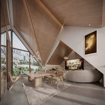 Modern Wooden Pitched Roof Interior With Large Windows City View Dining Table And Round Sofa 3d model