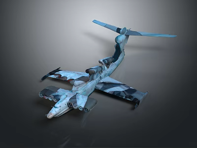 Camouflage Painted Aircraft 3D Model Display With Unique Wing And Tail Design 3d model
