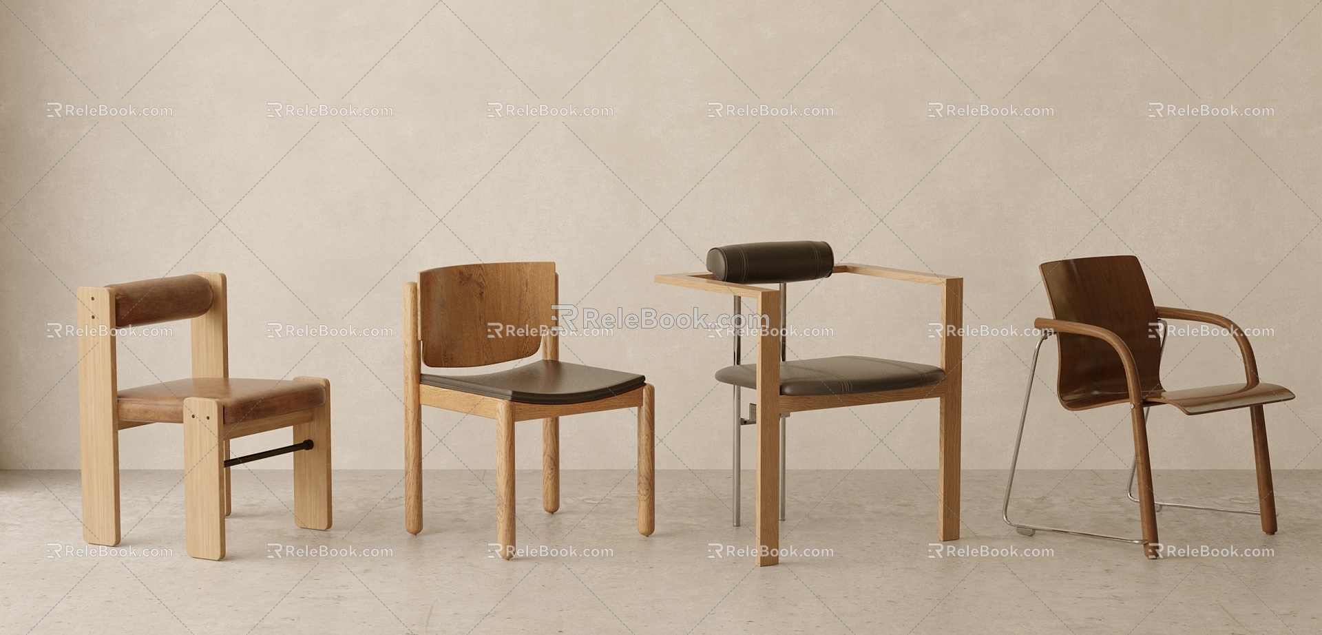 Modern Middle Ancient Wood Grain Leather Dining Chair Combination 3d model