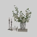 Elegant Vase With White Spherical Flowers Green Leaves And Floral Pattern Design