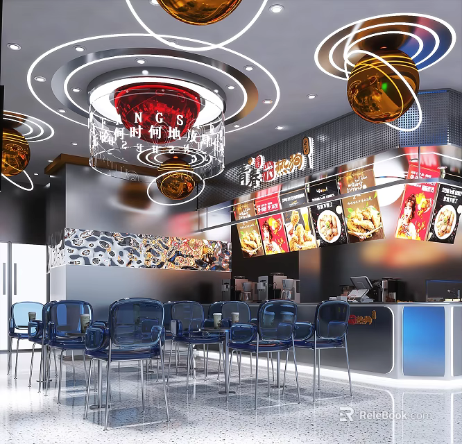 Modern Restaurant Interior With Red Lantern Chandeliers Menu Posters Blue Chairs And Bar Counter 3d model 