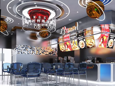 Modern Restaurant Interior With Red Lantern Chandeliers Menu Posters Blue Chairs And Bar Counter 3d model
