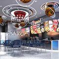 Modern Restaurant Interior With Red Lantern Chandeliers Menu Posters Blue Chairs And Bar Counter