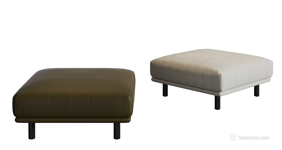 Modern Footstools Design Brown Leather And Light Gray Fabric With Black Wooden Legs Home Furniture 3d model 