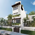 Modern Detached Villa With Greenery Covered Balconies Palm Trees And Illuminated Exterior Design