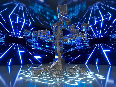 Modern Metallic Art Installation With Blue Neon Lights And Illuminated Line Background 3d model