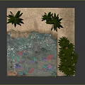 Miniature Landscape Scene With Sandy Ground Water Pool Palm Trees Green Shrubs And Colorful Corals