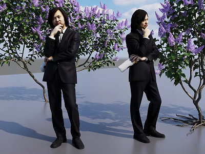 Two Men in Black Suits with Hand on Chin Holding Scroll by Purple Lilac Trees 3d model