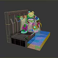 Game Movie Mechanical Character With Blue Claws Standing On Platform Near Water And Wooden Structure