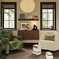 Green And Beige Plush Lounge Chairs Near Windows With Round Light Wooden Cabinet And Books
