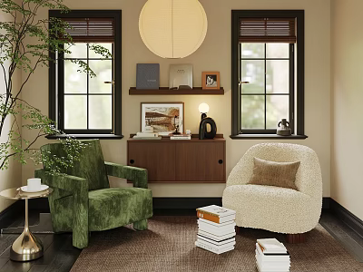 Green And Beige Plush Lounge Chairs Near Windows With Round Light Wooden Cabinet And Books 3d model