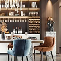 Modern Dining Table Set With Blue And Brown Chairs Chandelier Wine Rack And Display Cabinets