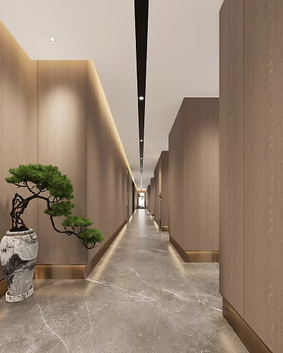Modern Office Corridor With Wooden Walls Gray Marble Flooring Potted Pine Tree And Recessed Lighting 3d model