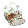 Light Green House Shaped Kids Single Bed with Colorful Pillows Blanket and Stuffed Toy Rug