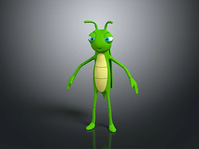 3D Green Insect Character With Big Blue Eyes And Slim Body Design Features 3d model