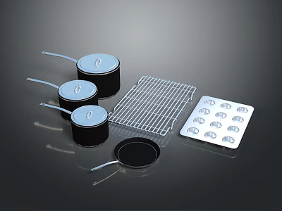 Essential Kitchen Cookware Set With Covered Pots Metal Rack Muffin Pan And Frying Pan 3d model