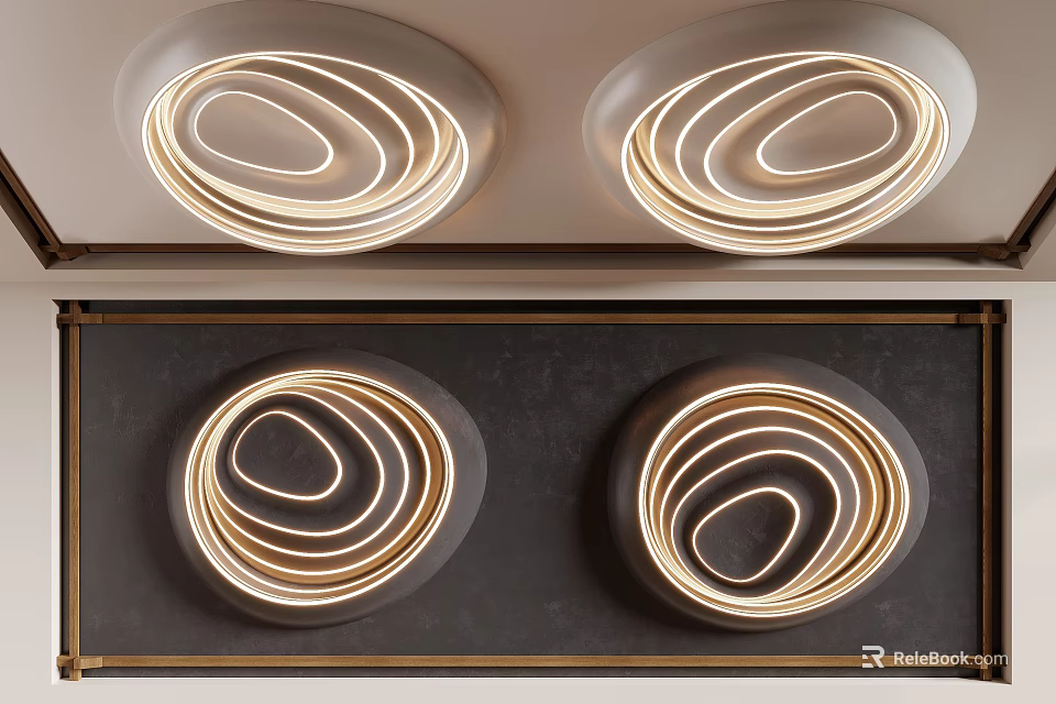 Modern Ceiling Design Featuring Two Circular Ring Lights And Metallic Trim 3d model 